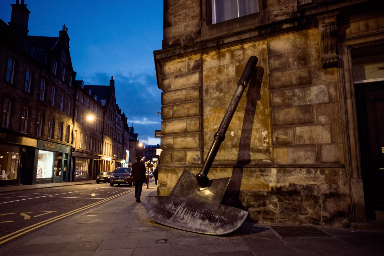 Twilight Edinburgh Street Scene with Boot Scraper and Art Deco Hotel Facade in in Edinburgh, United Kingdom