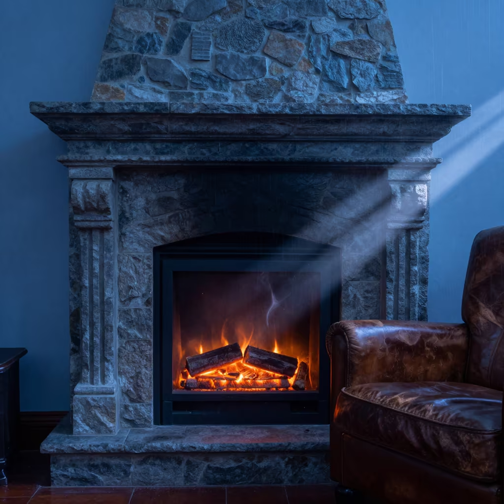 Twilight Ember Glow in Thu Thiem Living Room in on a worn leather armchair in Thu Thiem, Ho Chi Minh City