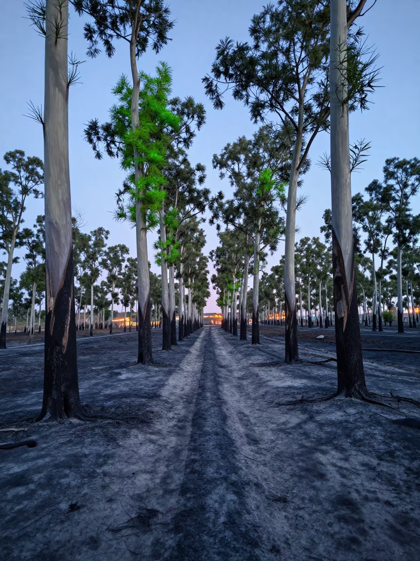 Twilight Eucalyptus Regrowth After Fire Winter Valley in across a wide valley floor near Beijing
