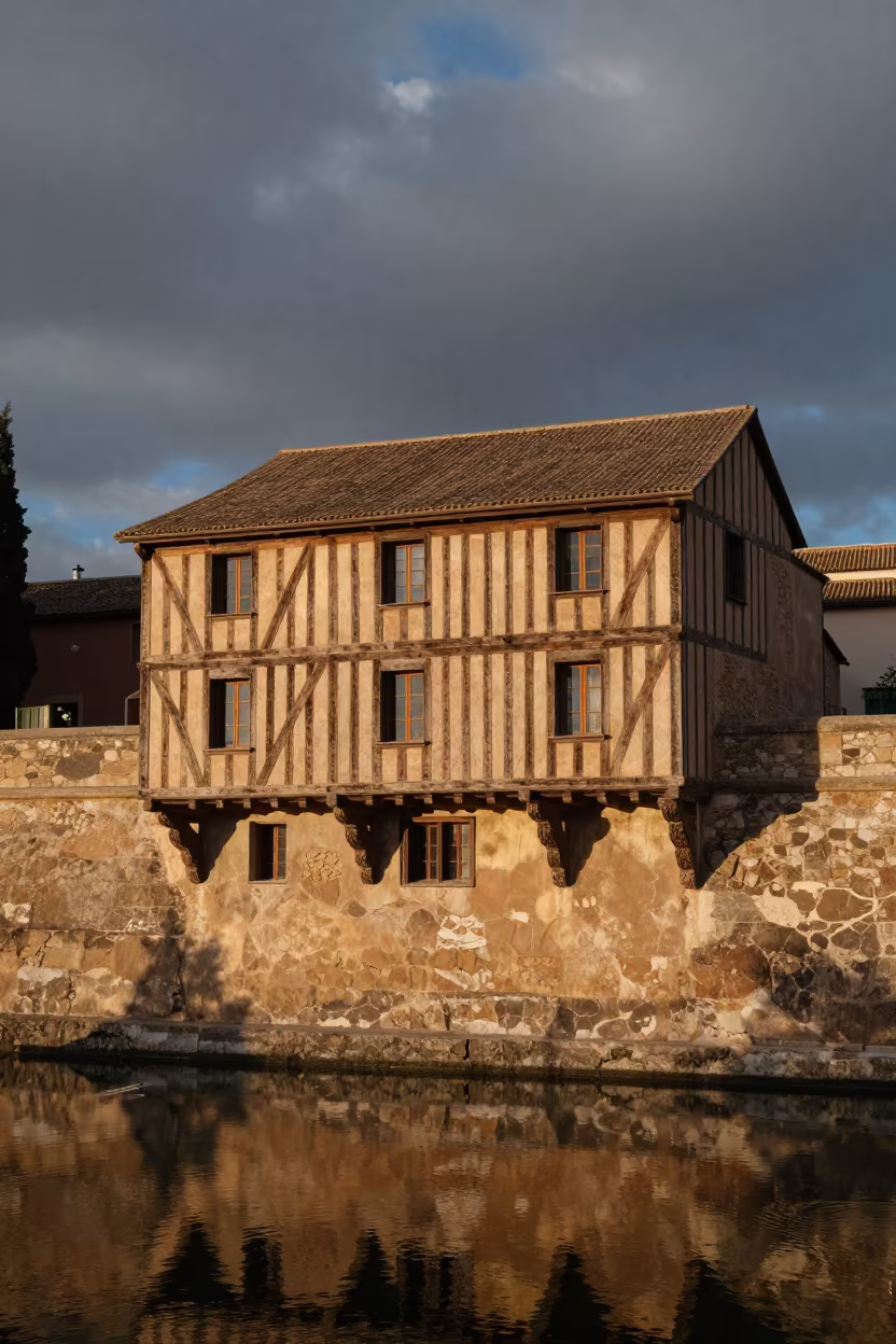 Twilight Facade Carved Timber Fortress Palma in outside a wind-scoured fortress wall near Palma