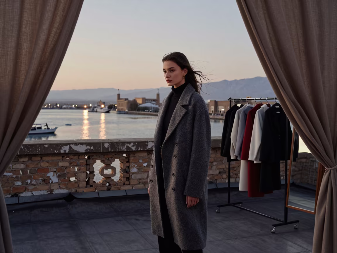 Twilight Fashion Editorial on Windy Rooftop in against a wind-beaten harbor wall near Fergana