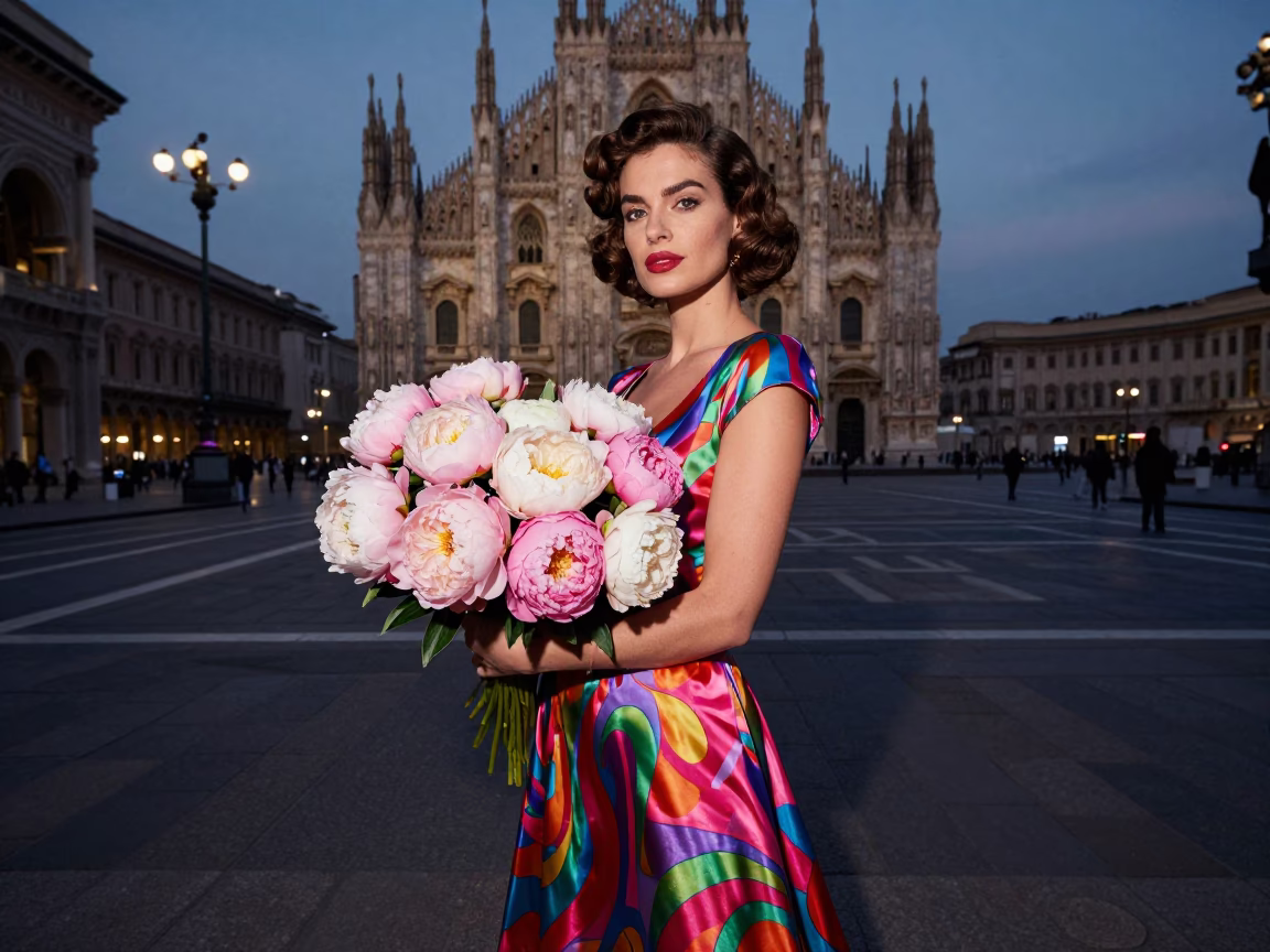 Twilight Fashion Portrait in Milan with Peonies and Vintage Elegance in in Milan, Italy