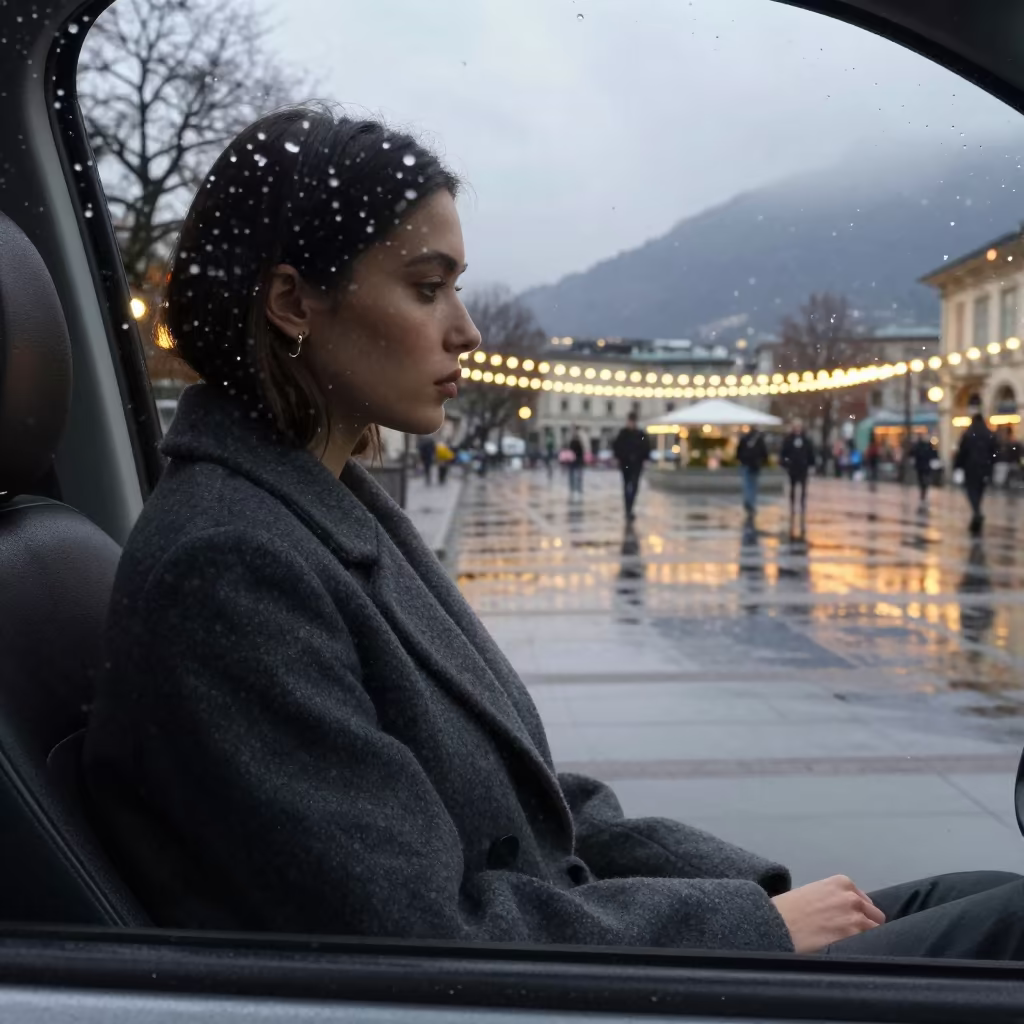 Twilight Fashion Portrait Through Rainy Taxi Window in across a reflective public plaza near Lugano