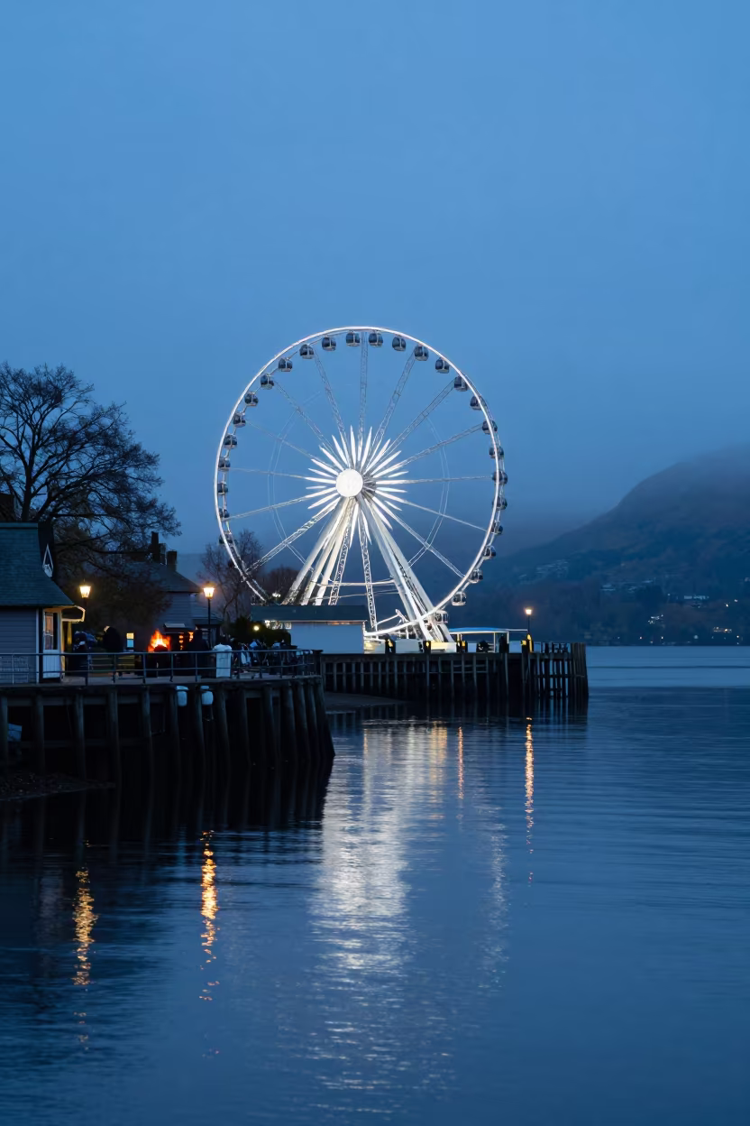 Twilight Ferris Wheel Over Foggy Lake District Harbor in beside a lantern-dotted harbor in the Lake District