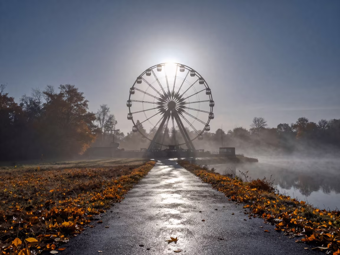 Twilight Ferris Wheel Silhouette Ukraine Mist in beneath a moon-washed horizon in Ukraine
