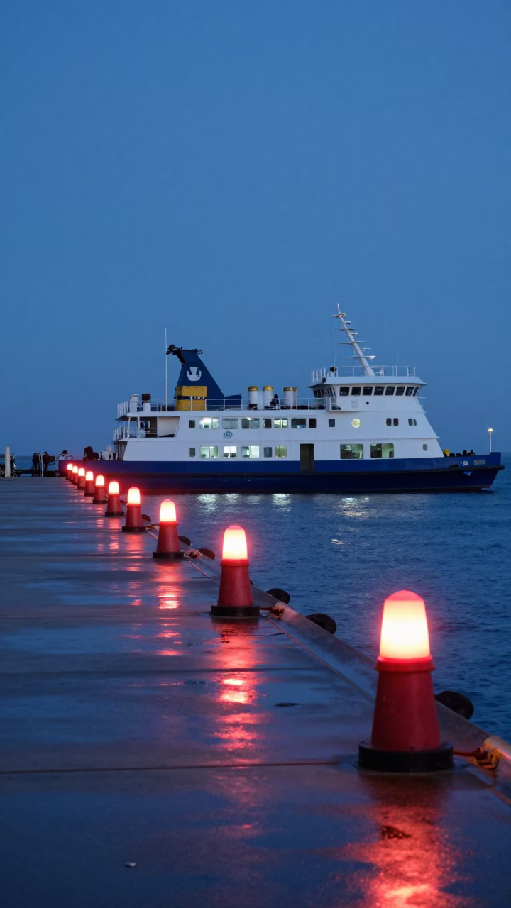Twilight Ferry Departure at Durban Harbour with Warning Beacons and Cyclists in in Durban, South Africa