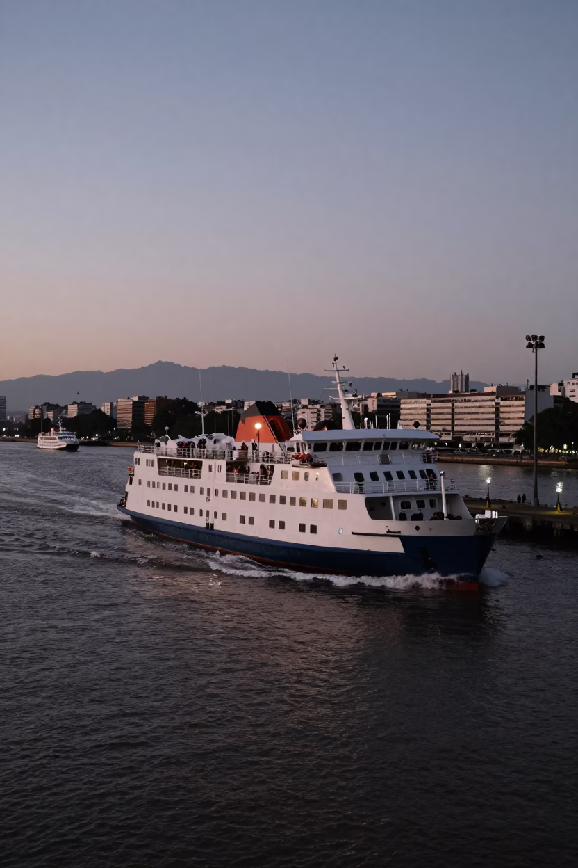 Twilight Ferry Departure from Buenos Aires Harbor with Distant Mountains in in Buenos Aires, Argentina