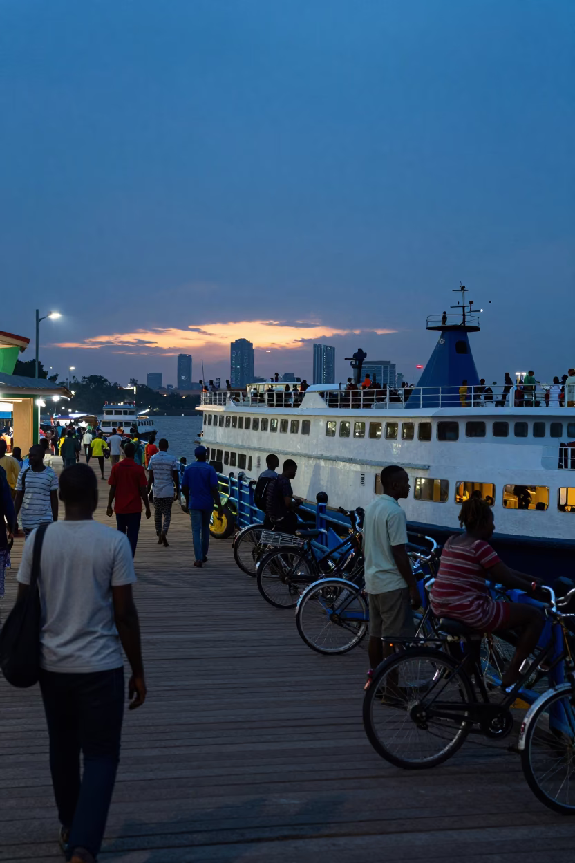 Twilight Ferry Dock Scene in Accra Ghana with Passengers and Bicycles in in Accra, Ghana