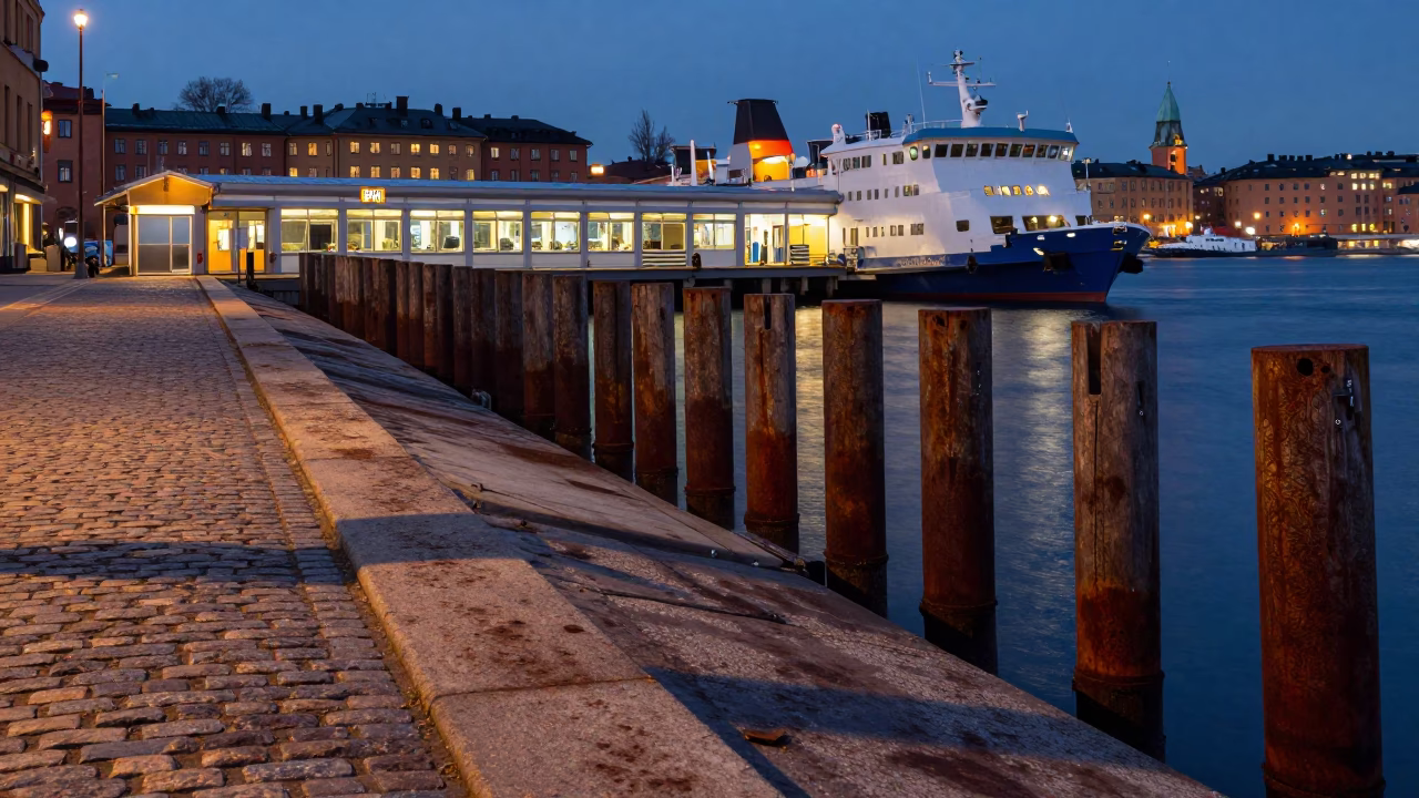 Twilight Ferry Terminal in Stockholm Sweden with Rusty Piling System and Cobblestone Quay in in Stockholm, Sweden