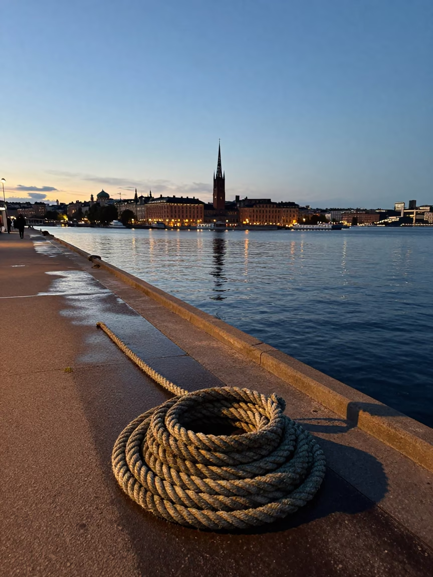 Twilight Ferry Terminal View with Coiled Rope and Piling System in Stockholm Sweden in in Stockholm, Sweden