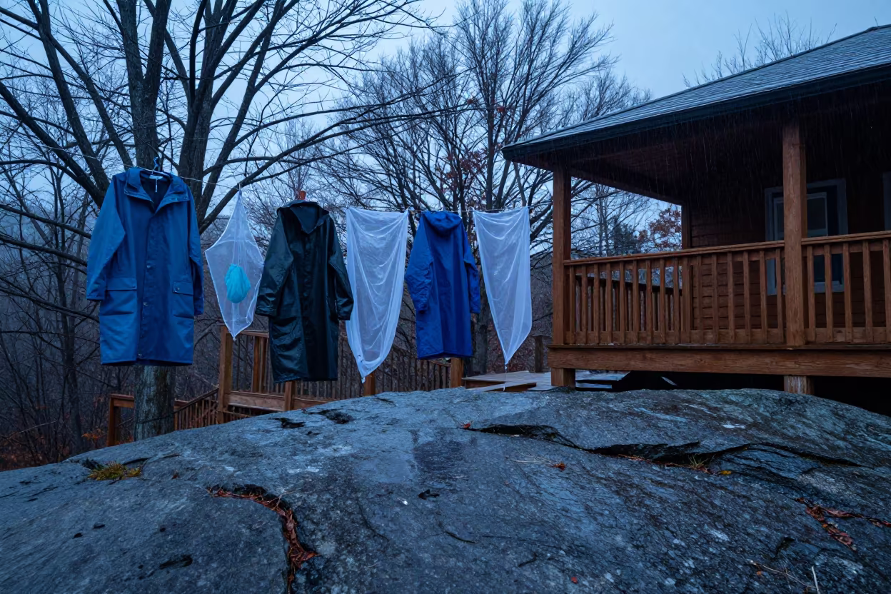 Twilight Field Station Porch Rain Gear Drying in along a rocky geology outcrop in New Hampshire