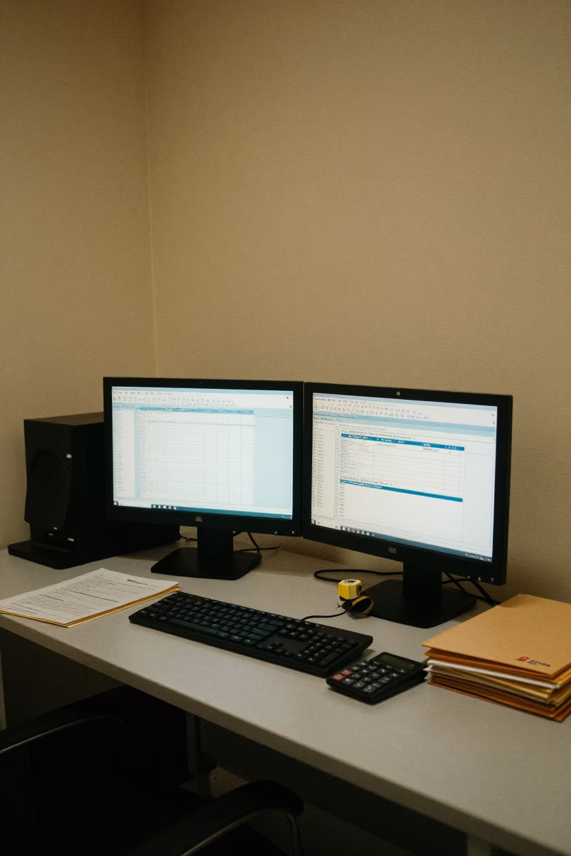 Twilight Finance Workstation in Muscat Operations Center in in an operations center under monitor glow in Muscat