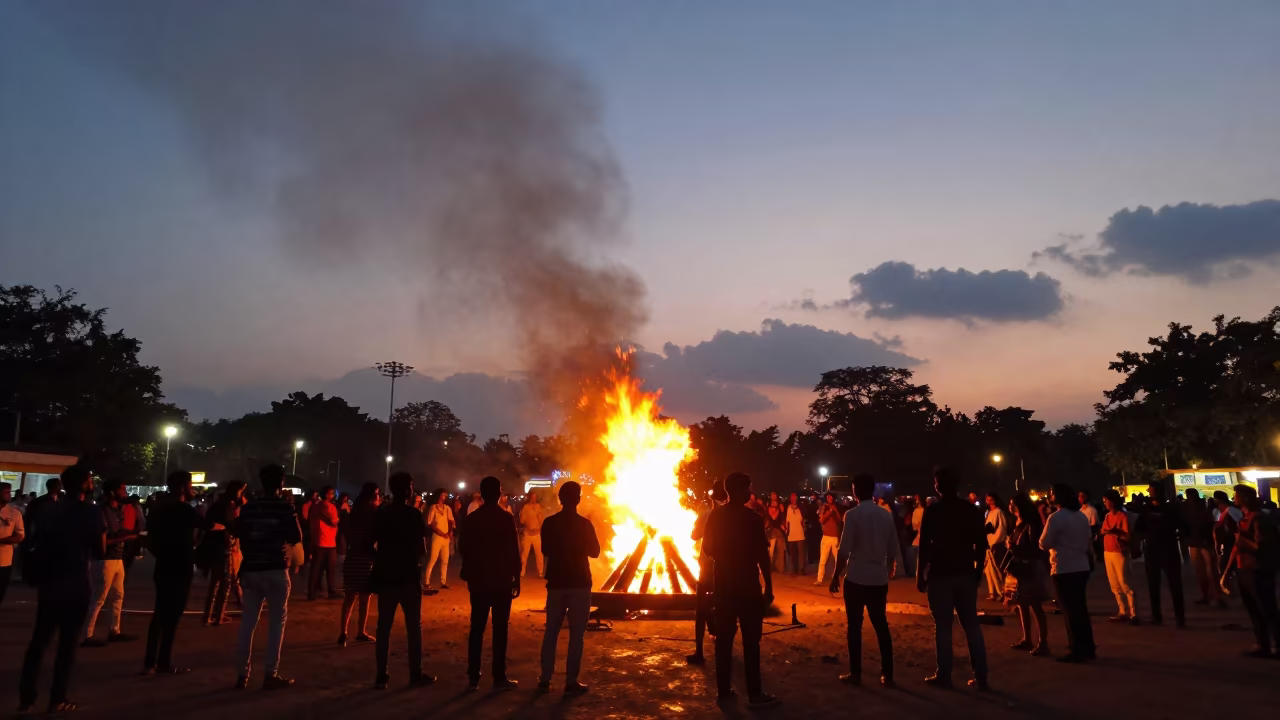 Twilight Fire Festival Silhouettes at Chennai Square in at a public square during a festival near Chennai