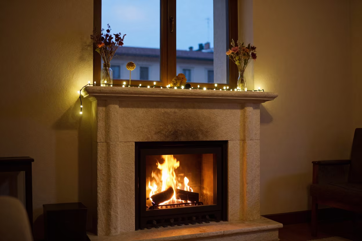 Twilight Fireplace Hearth Dried Flowers Trieste Window in on a window seat in Trieste