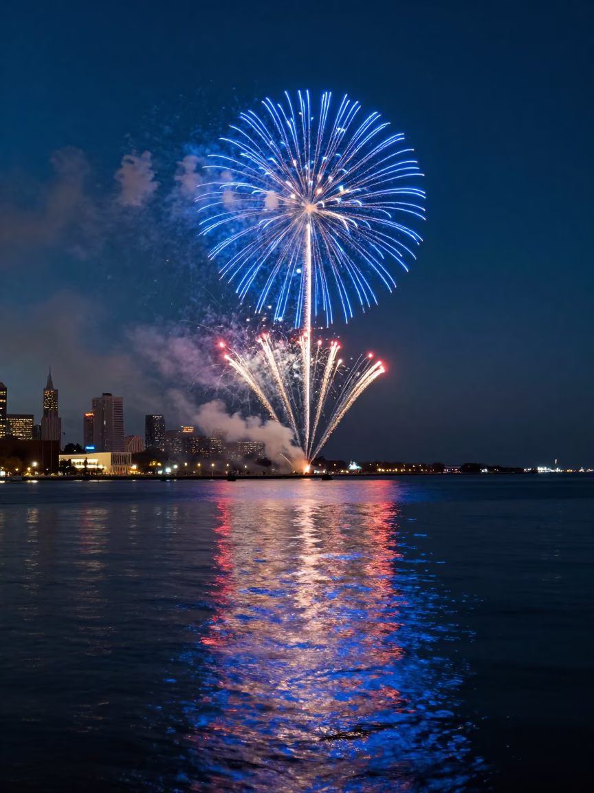 Twilight Fireworks Over Chicago Harbor Reflecting on Water and City Skyline in in Chicago, Illinois, United States