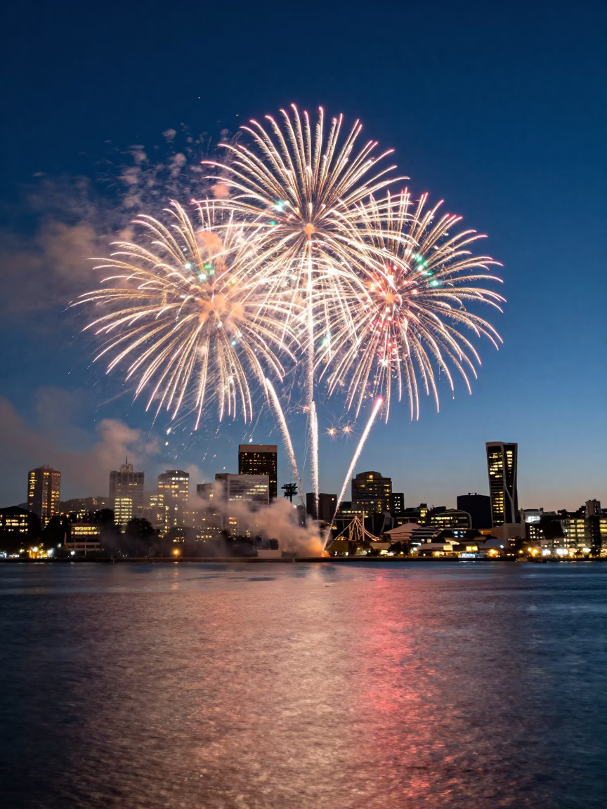 Twilight Fireworks Over Christchurch New Zealand Harbor Waterfront Skyline Reflection in in Christchurch, New Zealand
