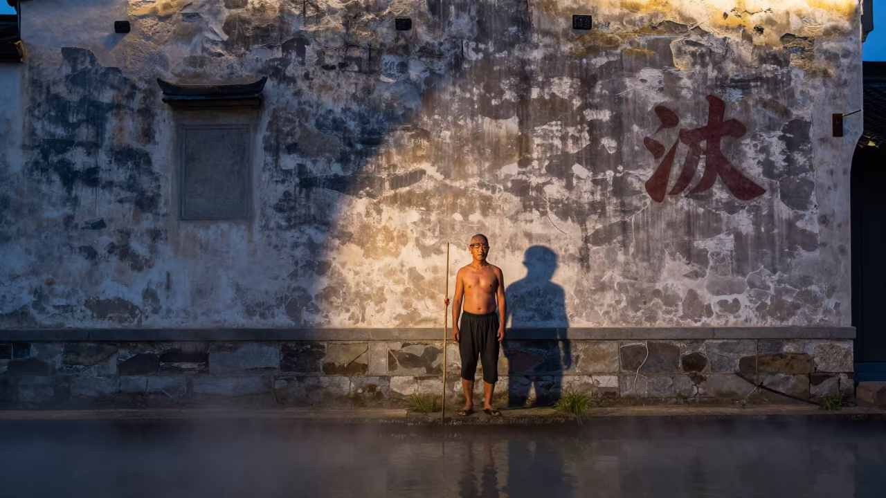 Twilight Fisherman Portrait with Lantern Light in against a sun-bleached plaster wall near Ningbo