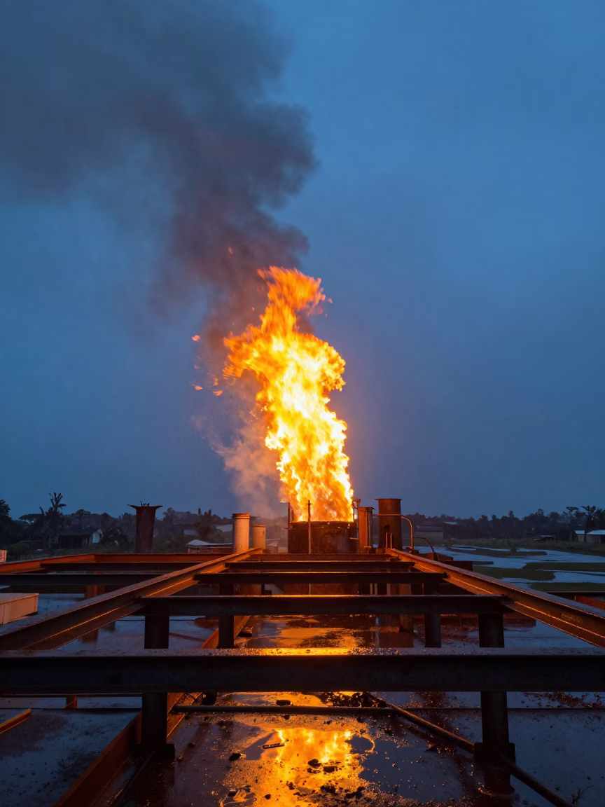 Twilight Flare Stack Burning Over Grand-Bassam in beside exposed structural steel near Grand-Bassam