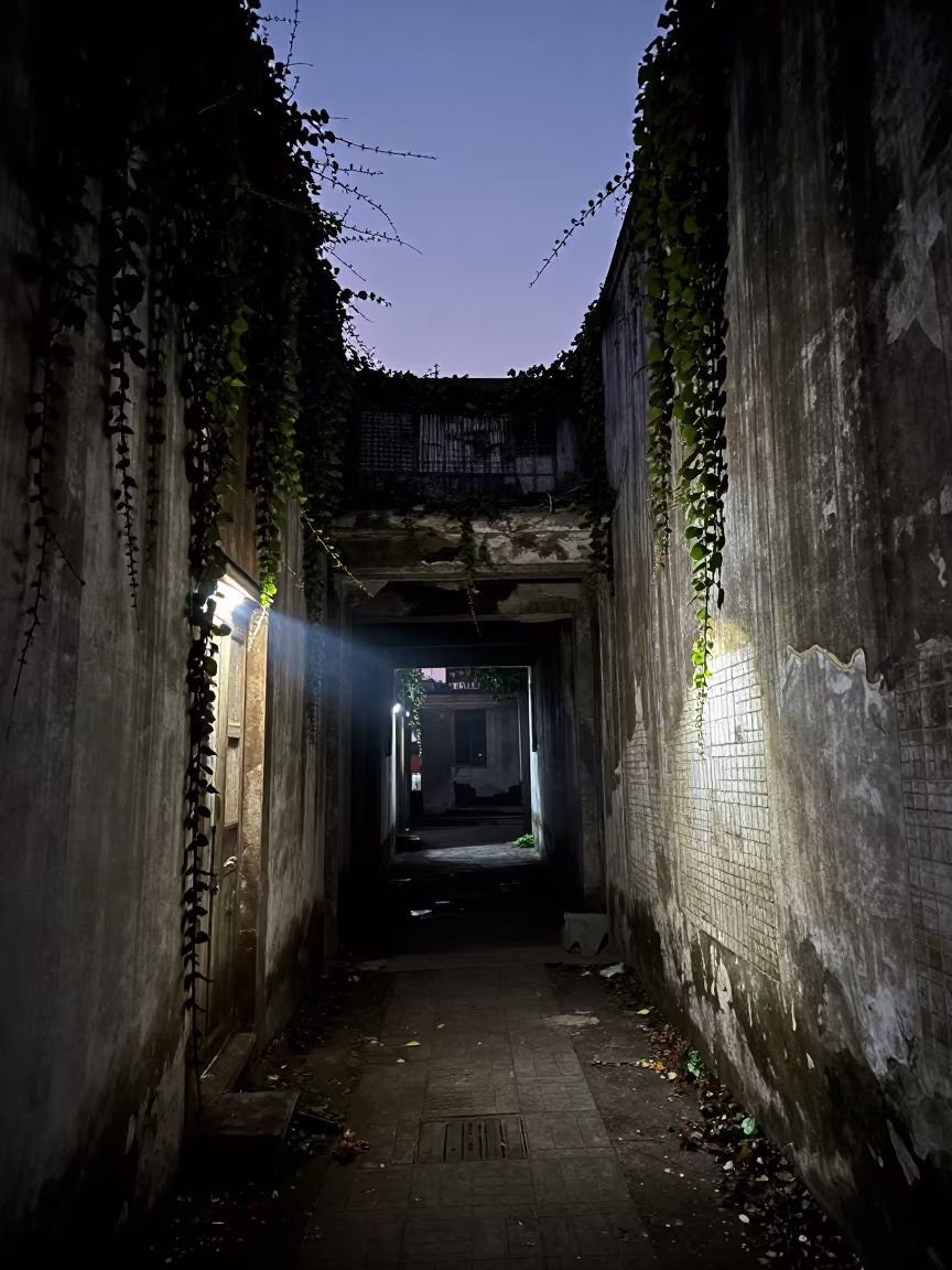 Twilight Flashlight Beam on Flaked Paint Vietnam Corridor in along a vine-choked corridor in Vietnam
