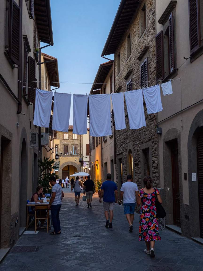 Twilight Florence Street Scene with Laundry and Local Life in in Florence, Italy