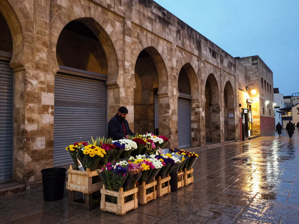 Twilight Flower Seller in Fez El Bali in along a shuttered arcade in Fez el-Bali, Fez