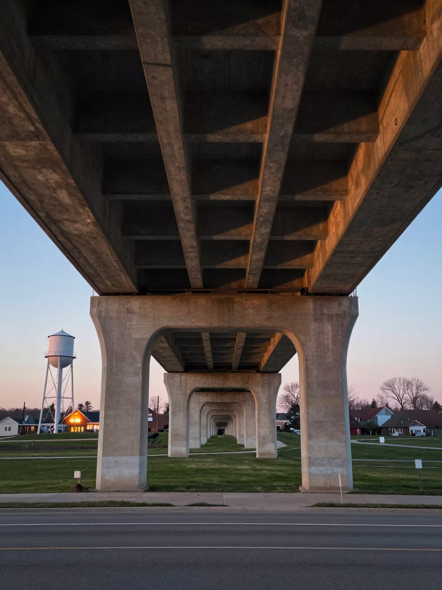 Twilight Flyover Underside Nebraska Shadows in beside a water tower ladder in Nebraska