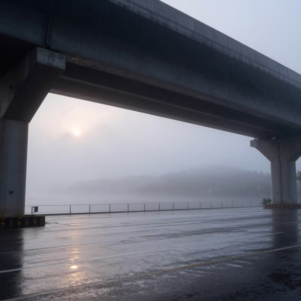 Twilight Fog Rolling Beneath Can Tho Overpass in beneath fast-moving cloud bands near Can Tho