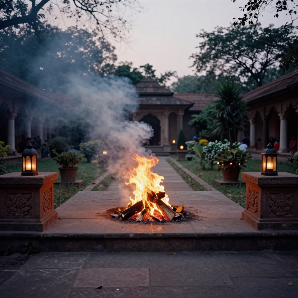 Twilight Funeral Pyre Smoke Ganges Ghats Kolkata in in a cloister garden near Kolkata