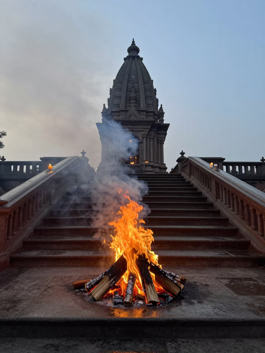 Twilight Funeral Pyre Smoke Over Kolkata Ghats in at a shrine entrance in Esplanade, Kolkata