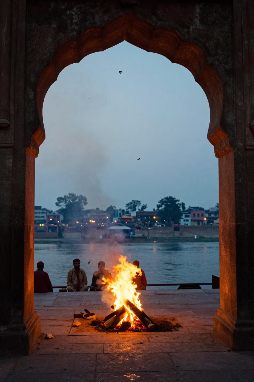 Twilight Funeral Pyre Smoke Over Shahpur Jat Ghat in at a shrine entrance in Shahpur Jat, Delhi