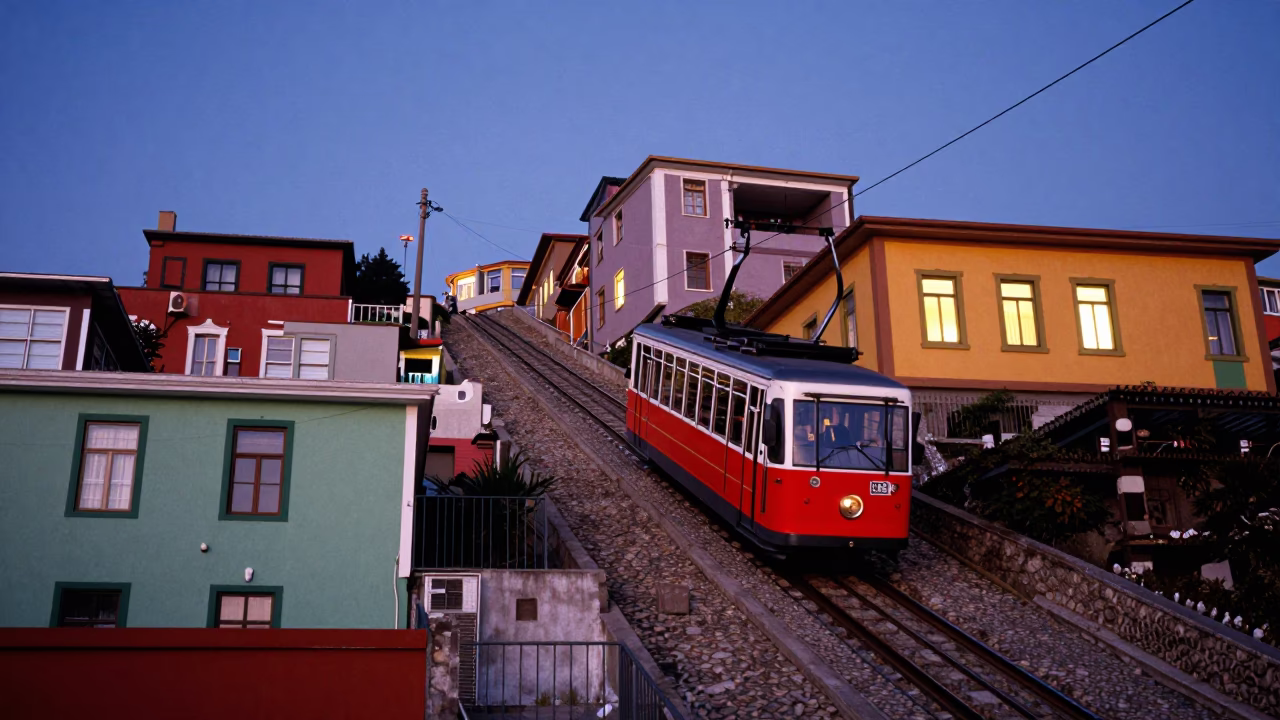 Twilight Funicular Ascent in Valparaiso Chile with Colorful Architecture in in Valparaiso, Chile