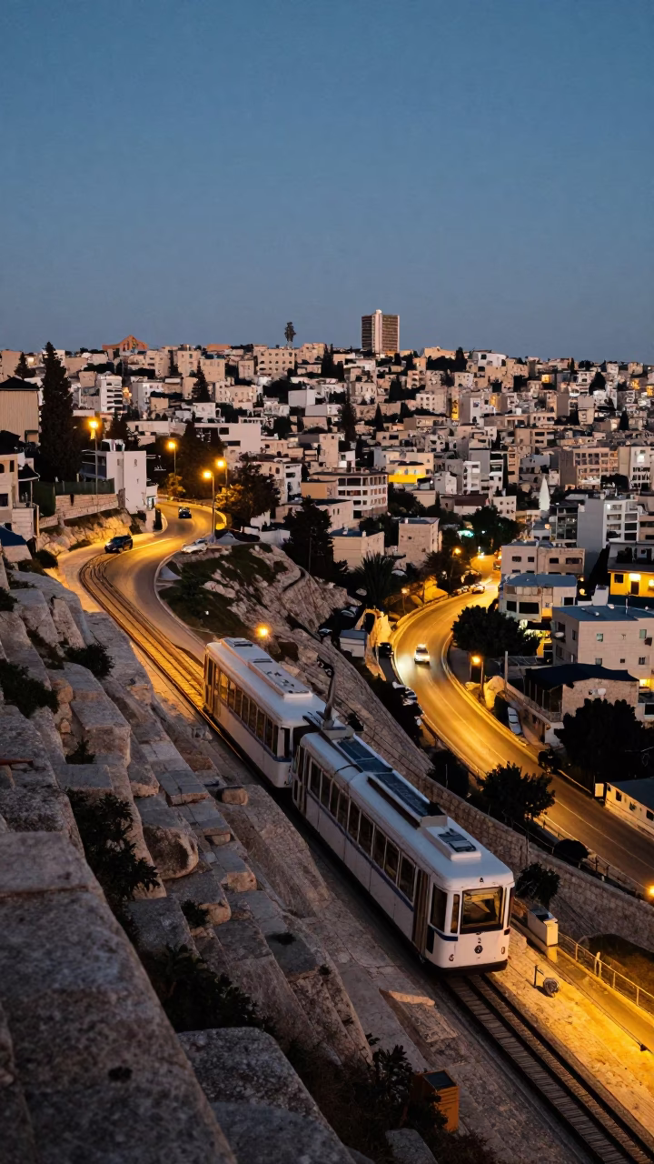Twilight Funicular Climbing Steep Hill in Amman Jordan with City Lights in in Amman, Jordan