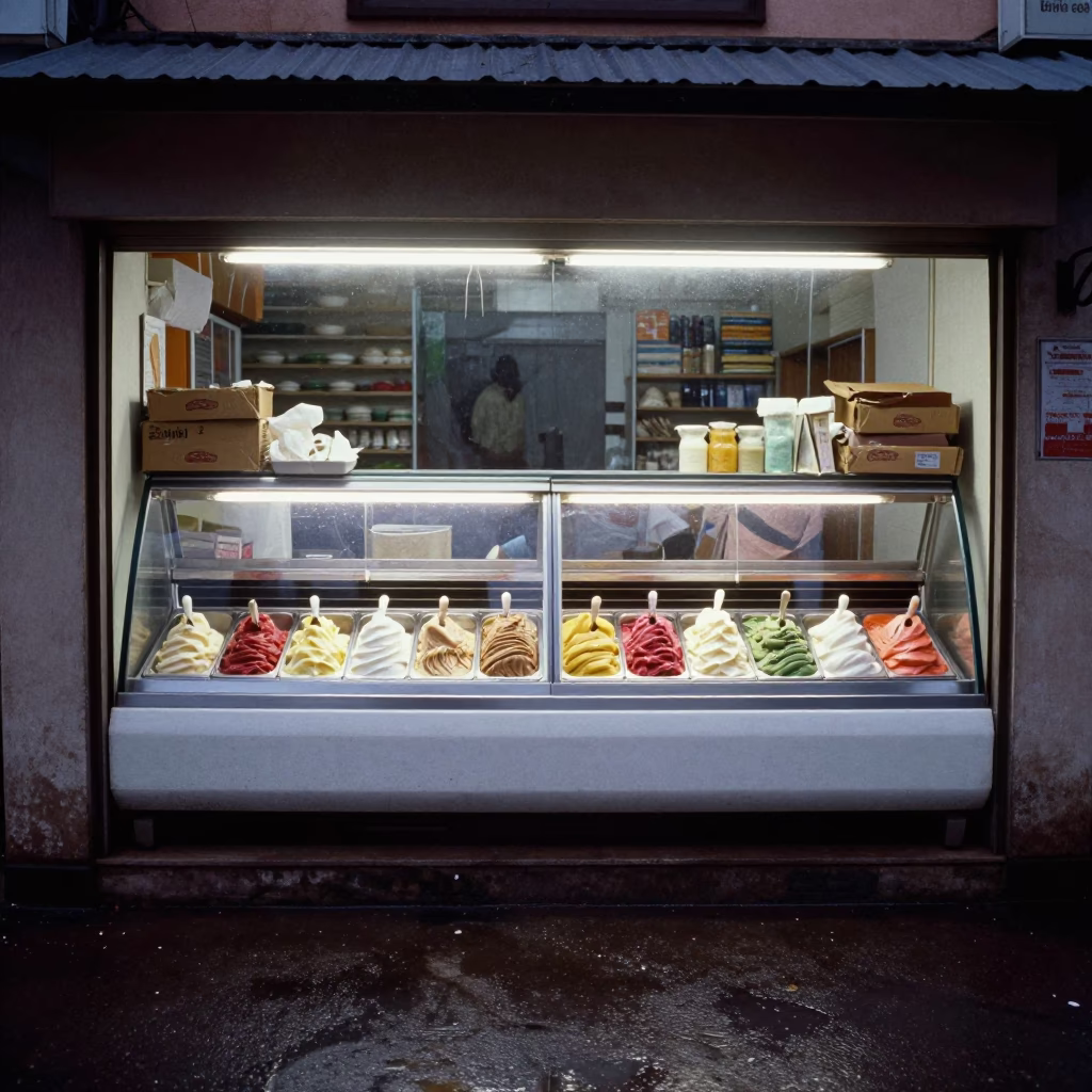Twilight Gelato Display Wet Street Ogbomosho in along a storefront glass line on a wet street in Ogbomosho