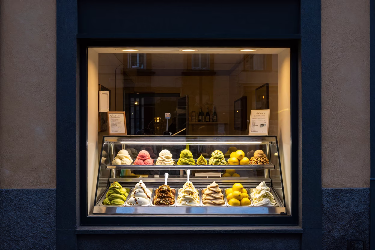 Twilight Gelato Shop Window Display in Naples Italy Street Scene in in Naples, Italy
