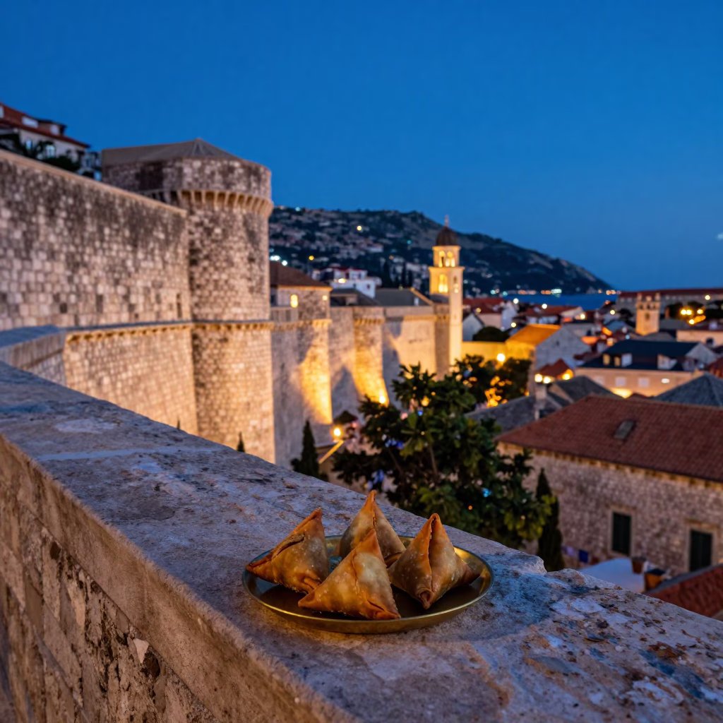 Twilight Glow on Dubrovnik Old Town Walls with Brass Plate of Samosas in in Dubrovnik, Croatia