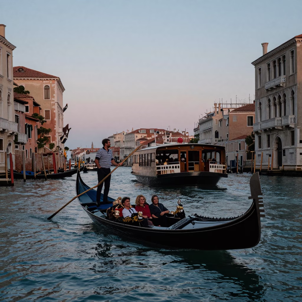 Twilight Gondola Ferrying Passengers Across Historic Venetian Canal in in Venice, Italy