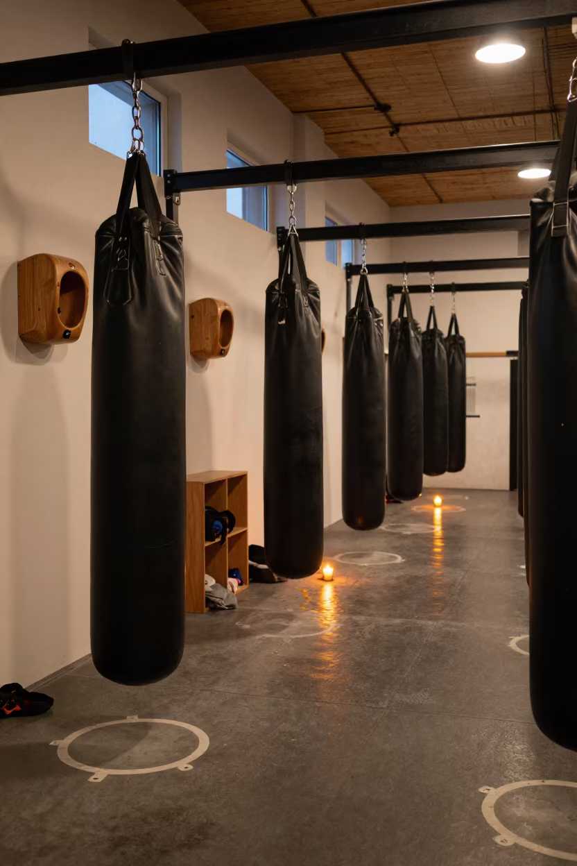 Twilight Gym Warmup Zone with Punching Bags in inside a climbing gym warmup zone in Ankara