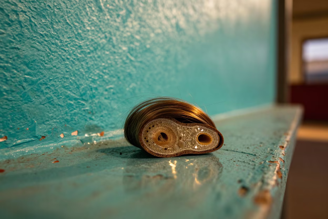 Twilight Hair Cross Section Near Kinshasa in against weathered turquoise paint near Kinshasa