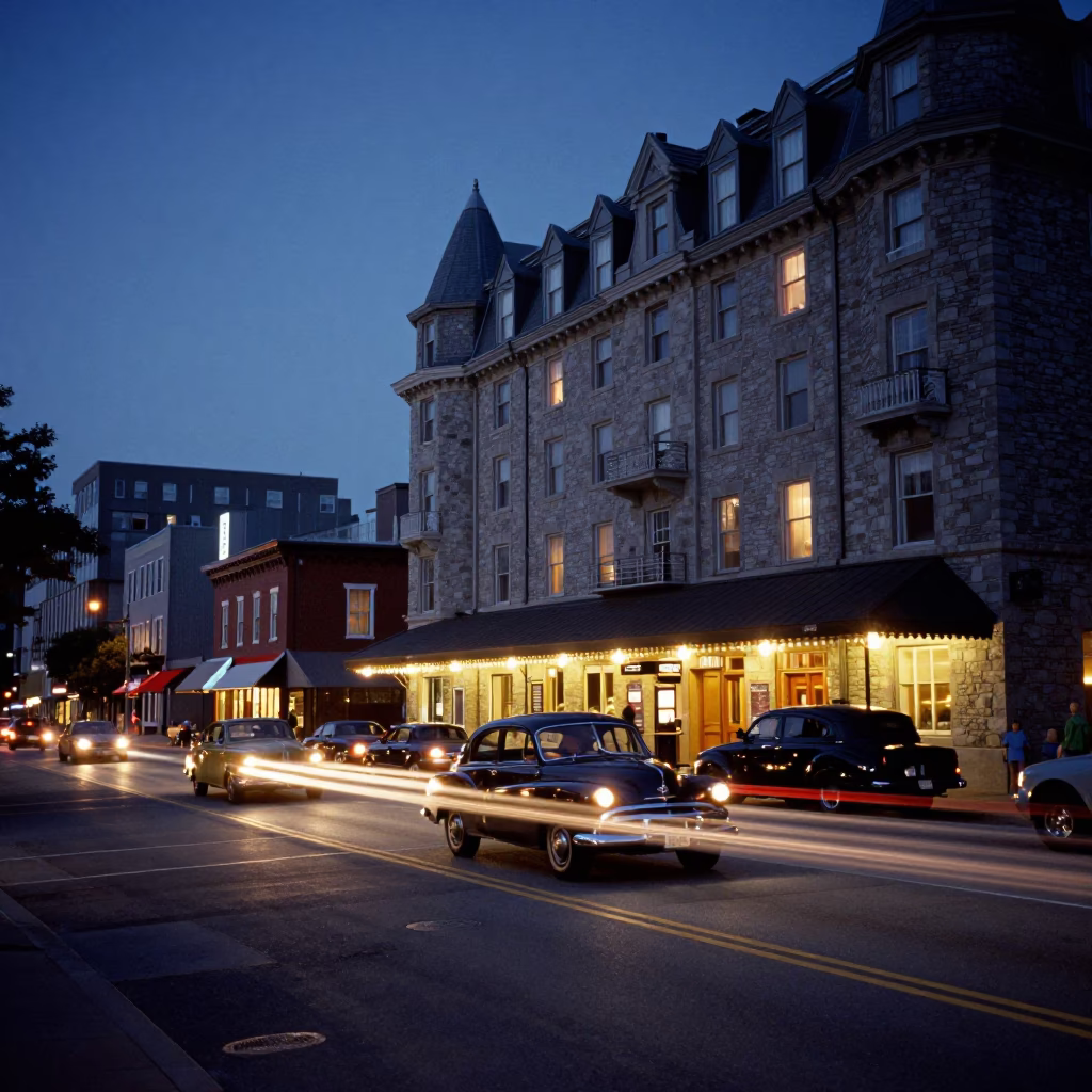 Twilight Halifax Street Scene with Vintage Cars and Hotel Valet Stand in in Halifax, Nova Scotia, Canada
