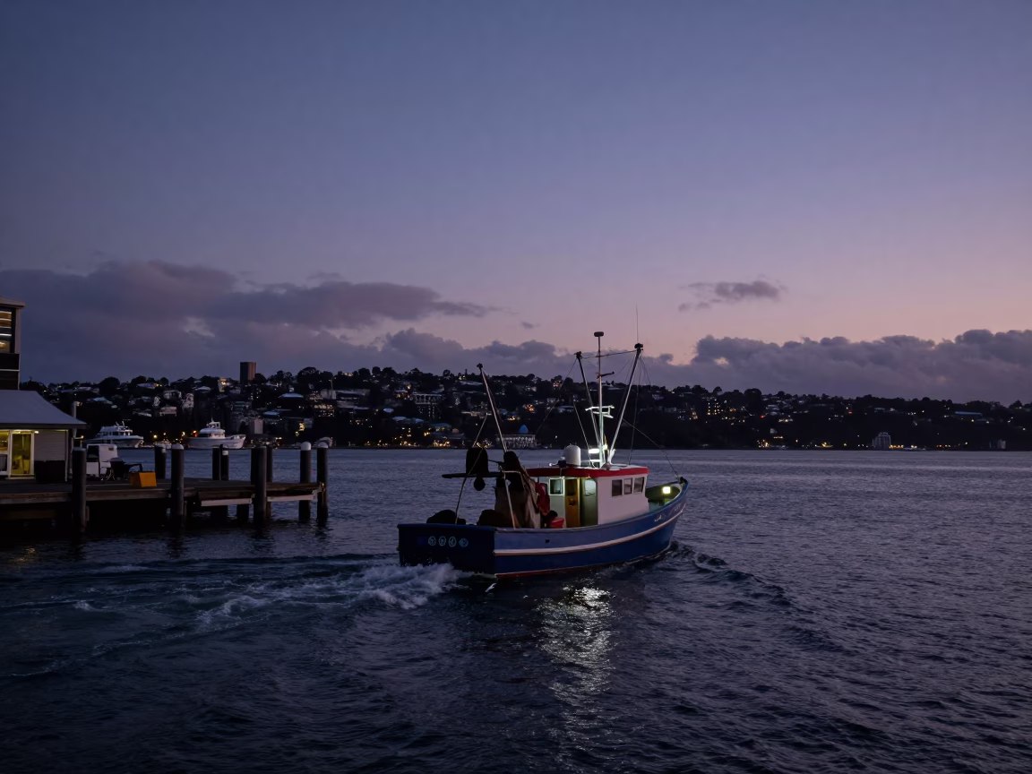 Twilight Harbor Scene in Auckland New Zealand with Fishing Boat Returning in in Auckland, New Zealand
