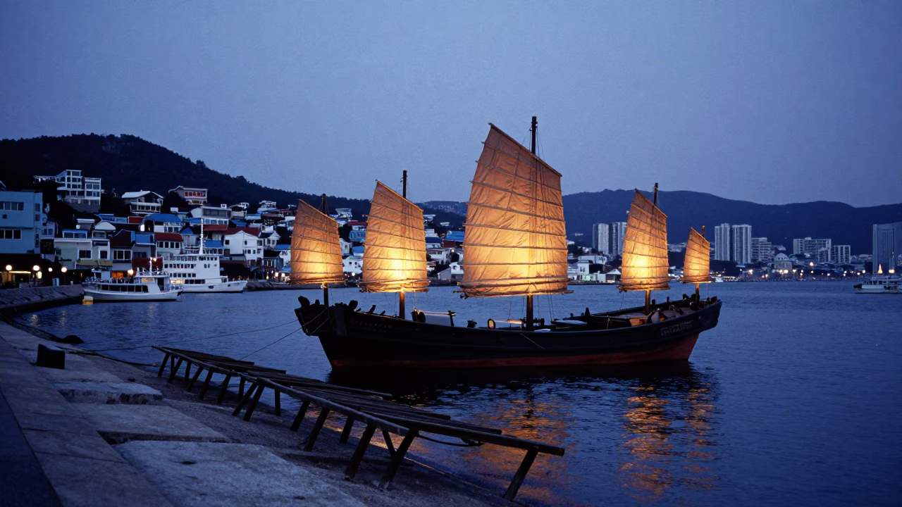 Twilight Harbor Scene in Busan South Korea with Drying Racks and Traditional Junk Boats in in Busan, South Korea