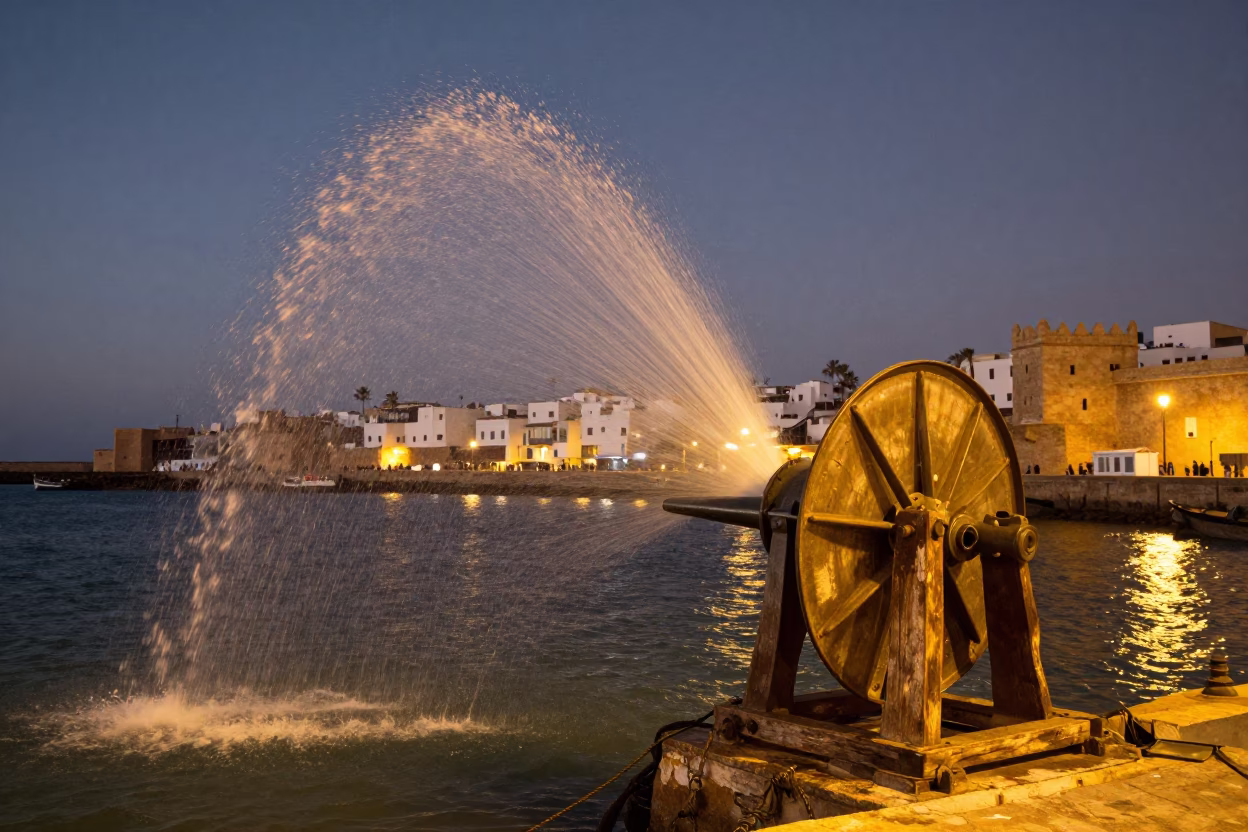 Twilight Harbor Scene in Essaouira Morocco with Hydrophone Winch and Golden Light in in Essaouira, Morocco