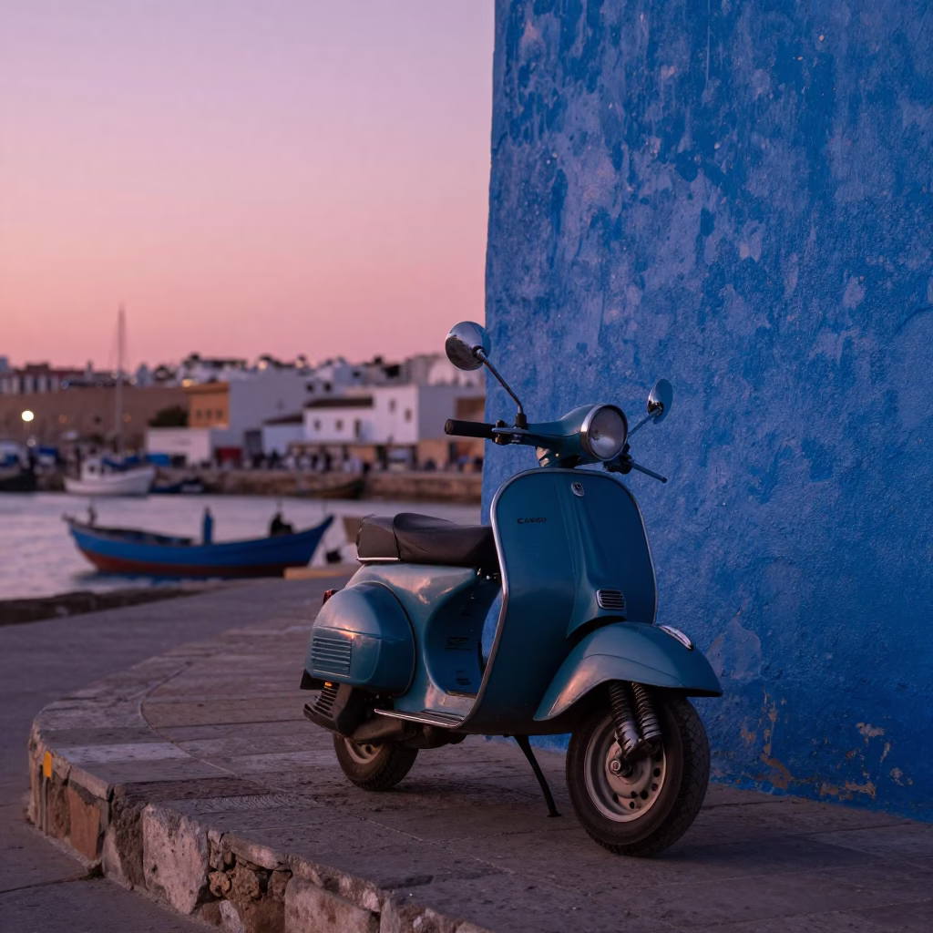 Twilight Harbor Scene in Essaouira Morocco with Scooter and Blue Walls in in Essaouira, Morocco