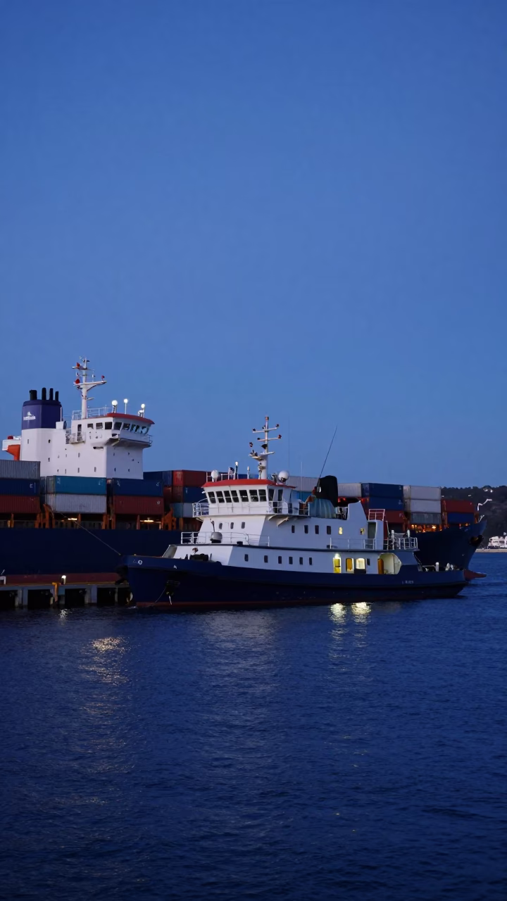 Twilight Harbor Scene in Hobart Tasmania with Pilot Boat and Container Ship in in Hobart, Tasmania, Australia