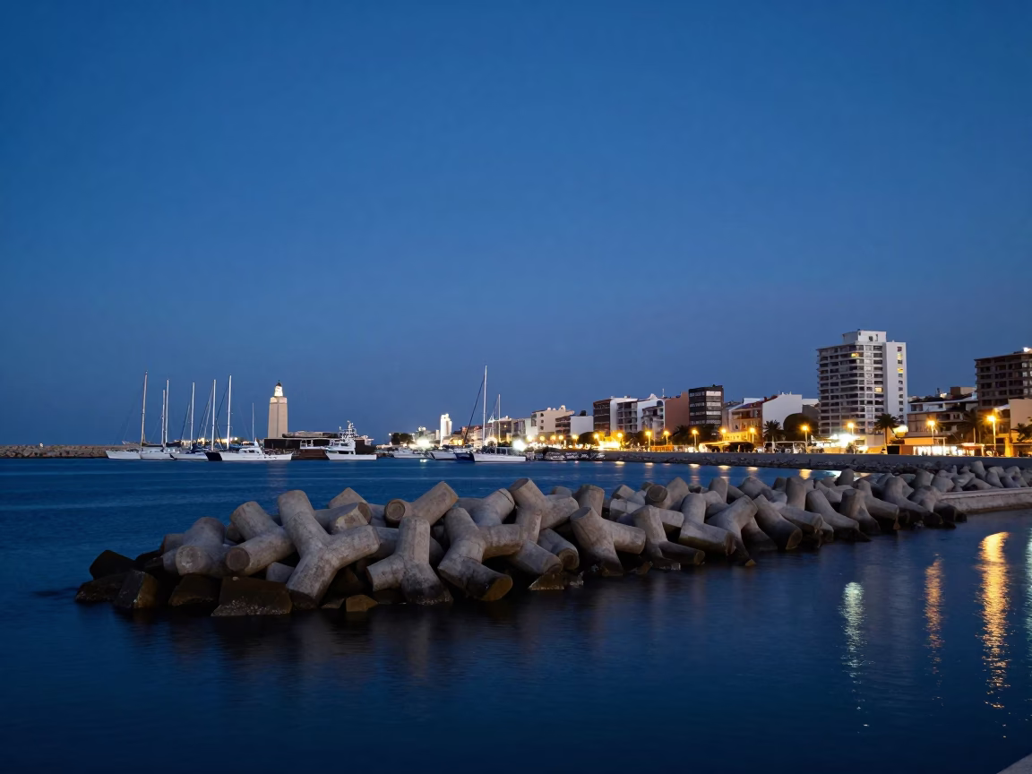 Twilight Harbor Scene in Valencia Spain with Blue Hour Sky and Breakwater in in Valencia, Spain