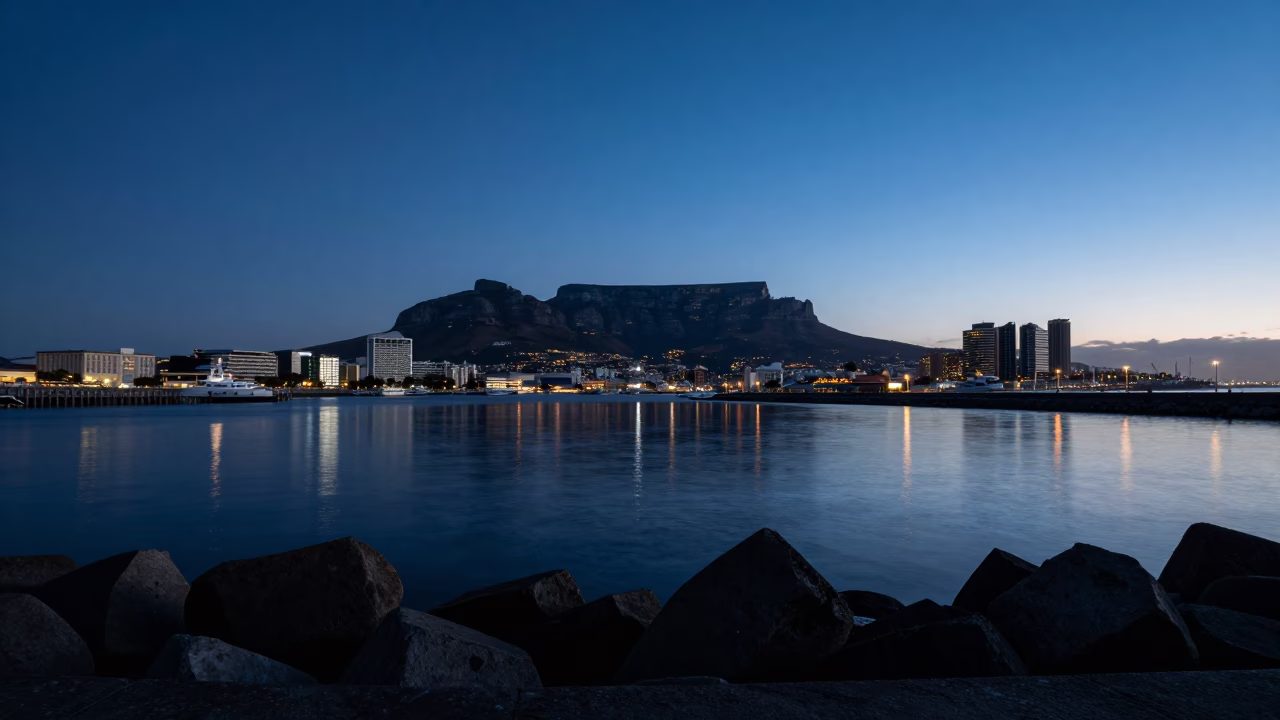 Twilight Harbor View Cape Town South Africa Blue Hour Sky and Breakwater in in Cape Town, South Africa