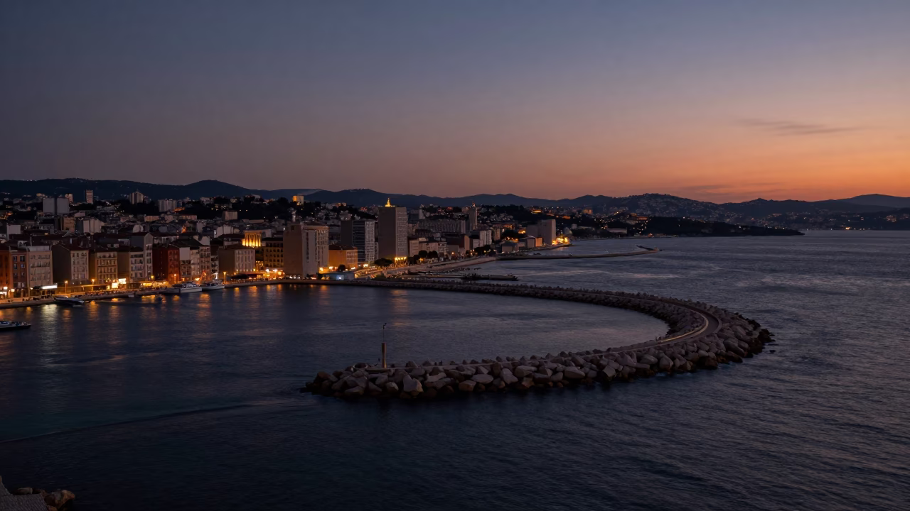 Twilight Harbor View of Marseille France Spiral Breakwater and Coastal Life in in Marseille, France
