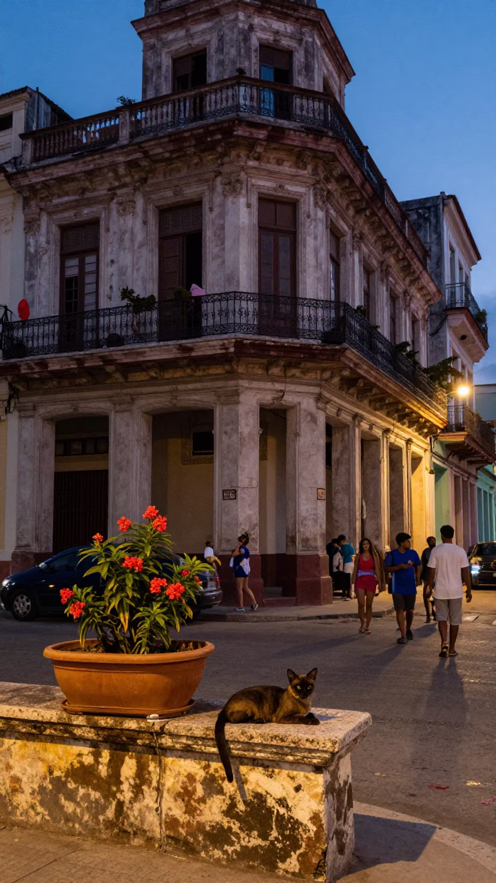 Twilight Havana Street Scene with Flowerpot and Local Interaction in in Havana, Cuba