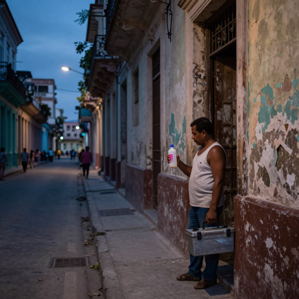 Twilight Havana Street Scene with Soap Bottle and Toolbox in in Havana, Cuba