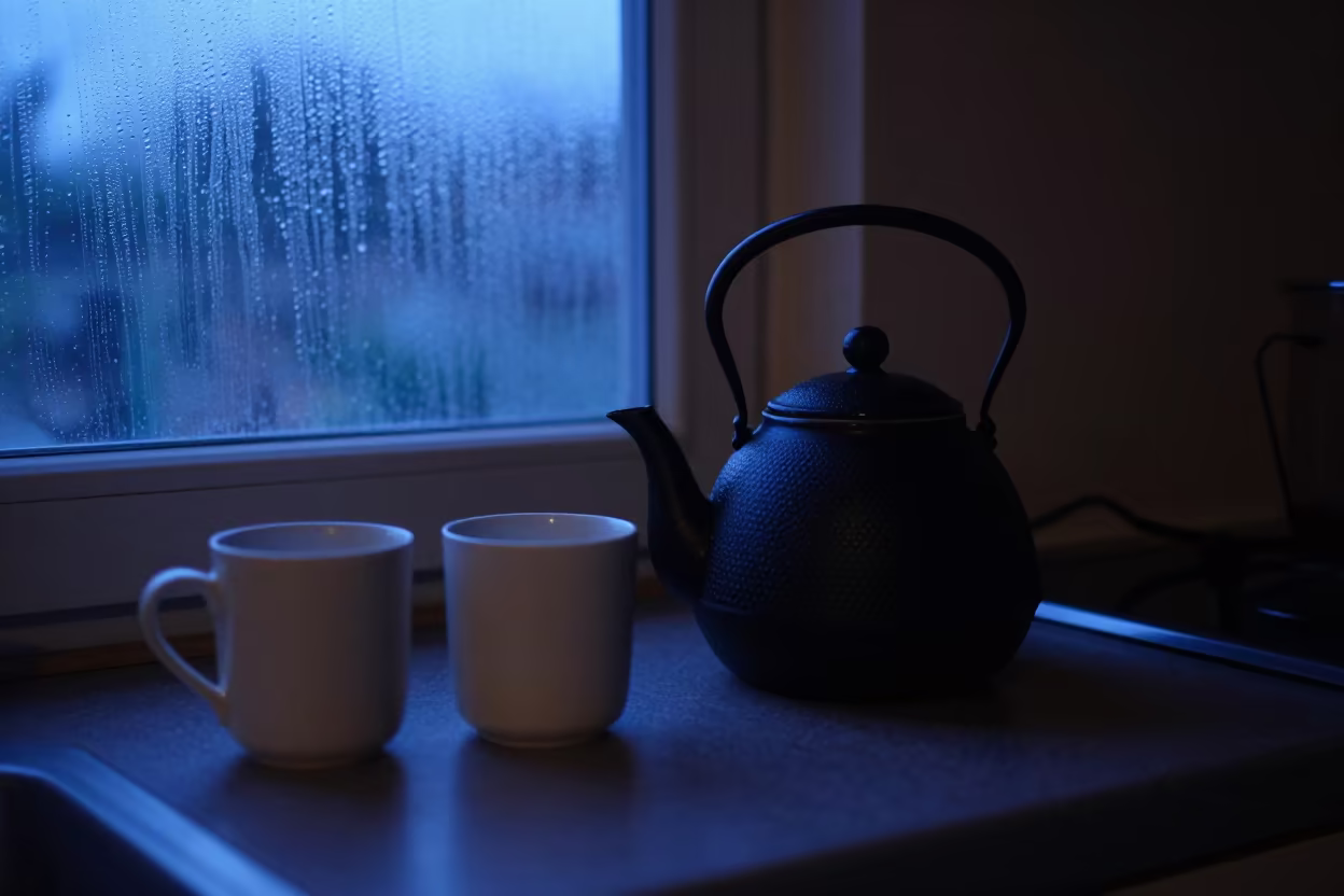 Twilight Hearth with Cast Iron Teapot and Mugs in in a cozy kitchen near Kanpur